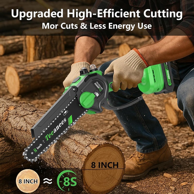 ANEES Mini Chainsaw Cordless 8 Inch with 2 Battery 8 Chains, Auto Oiler, Battery Powered, Small Handheld Saw for Wood Cutting, Tree Trimming, Garden Gardening Tools for Men Dad Husband(Green) - Image 5